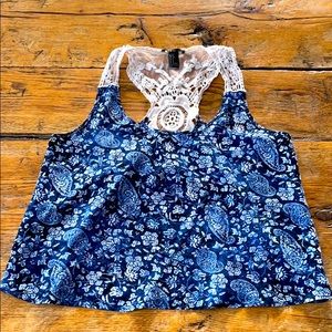 Forever 21 Blue paisley crop top with lacey back